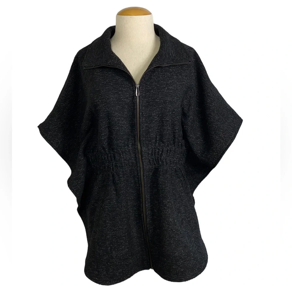 Roz & Ali Black Charcoal Wool Poncho/ Cape Cinched Elastic Waist 2X